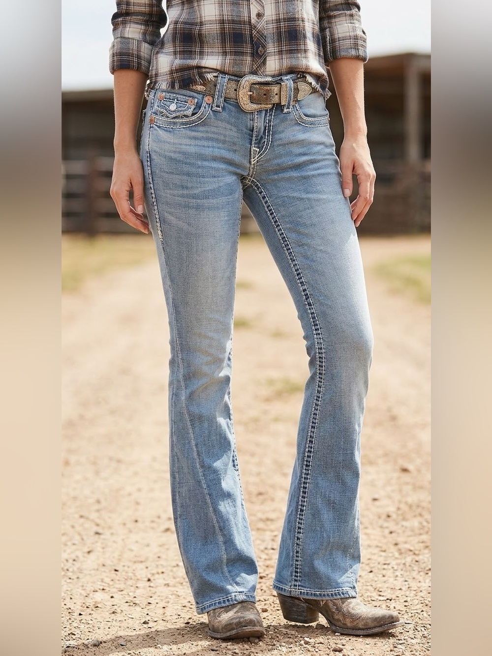 True Religion Joey Low Rise Flare Jeans – Light Wash Thick Stitch Y2K Western 24